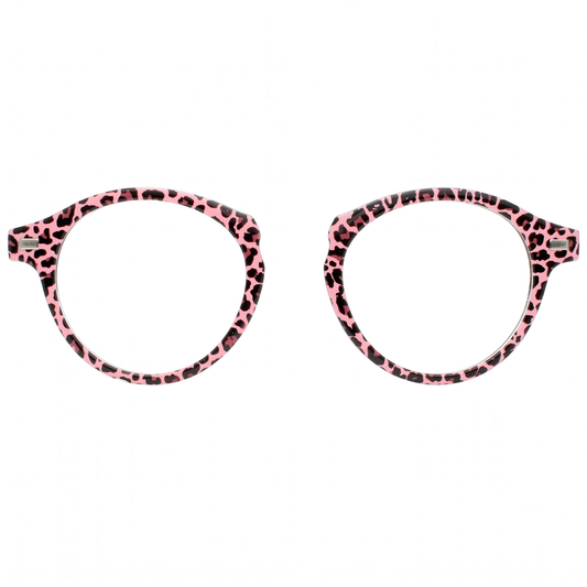 Pink and black leopard print eyeglass frames on a white background