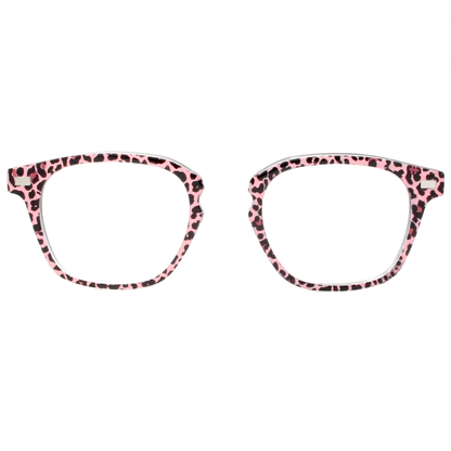 Pink and black leopard print eyeglass frames on a white background