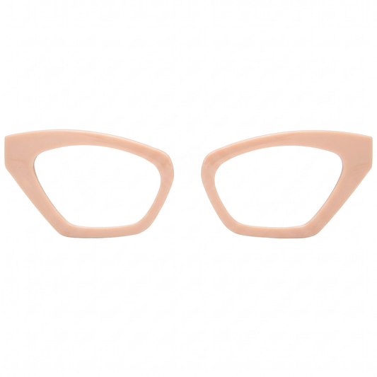 Pair of cat-eye glasses with beige frame on a white background