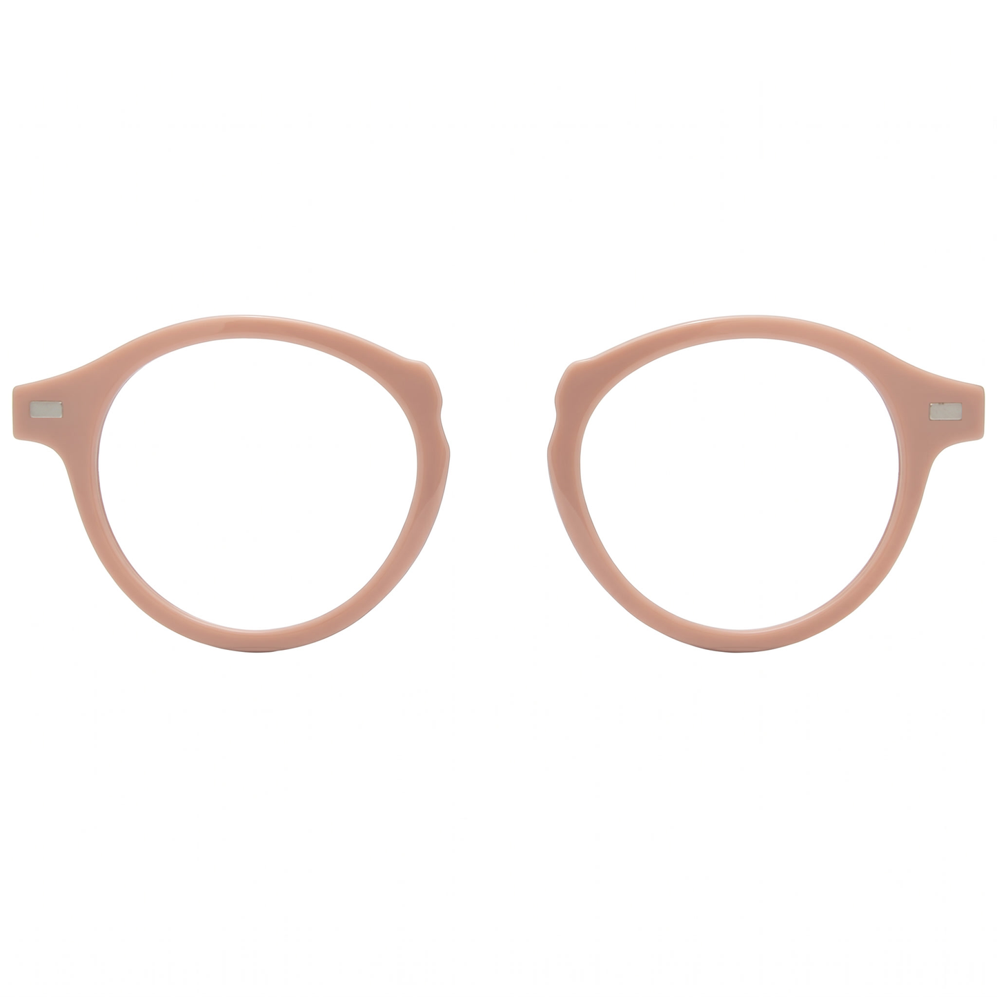 Pair of round eyeglasses with a light pink frame on a white background