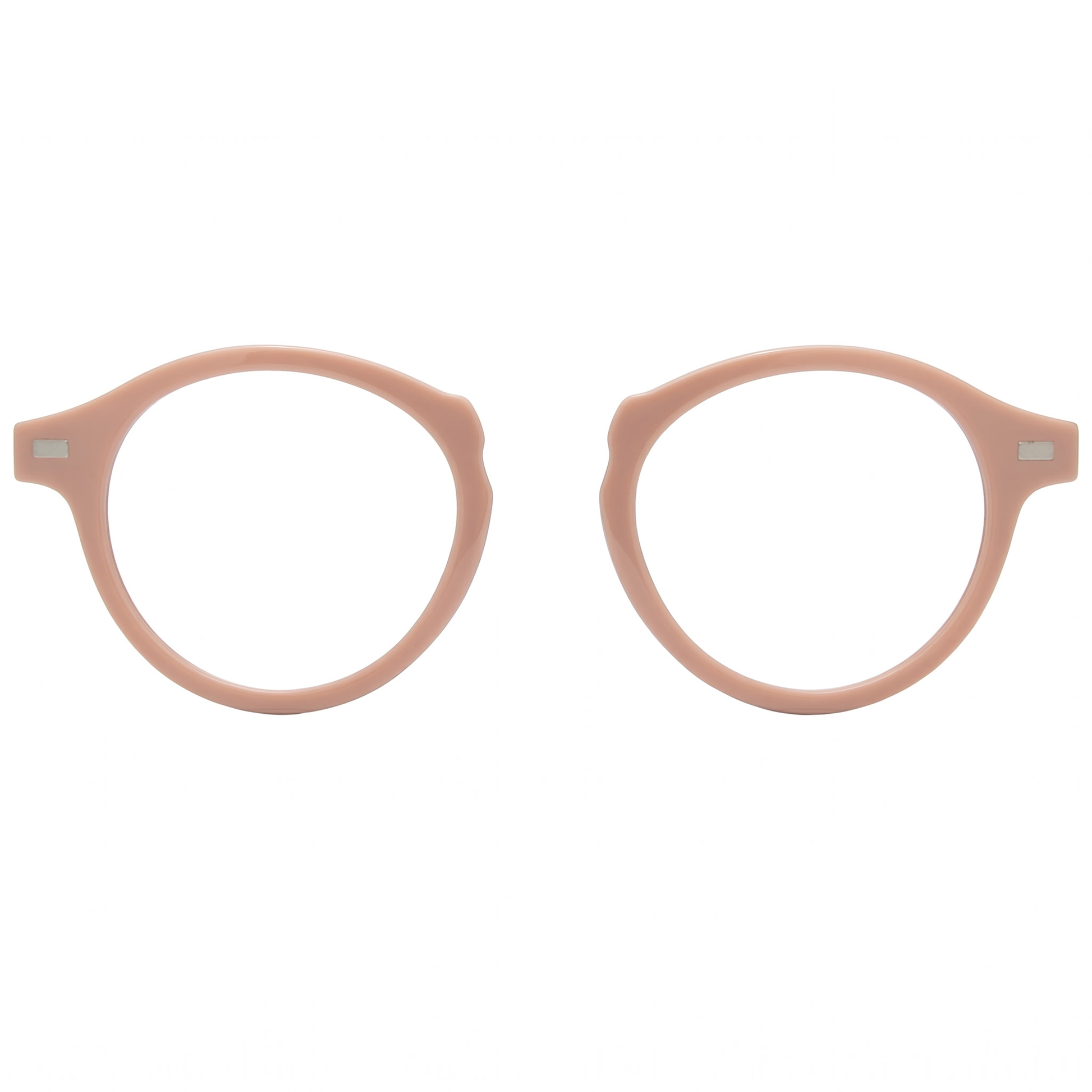 Pair of round eyeglasses with a light pink frame on a white background