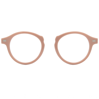 Pair of round eyeglasses with a light pink frame on a white background