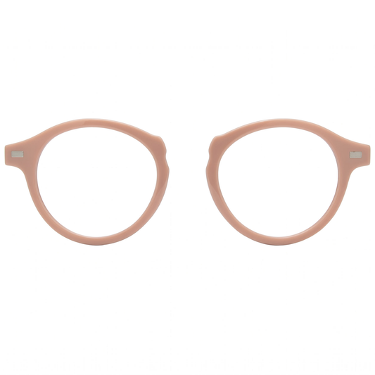 Pair of round eyeglasses with a light pink frame on a white background