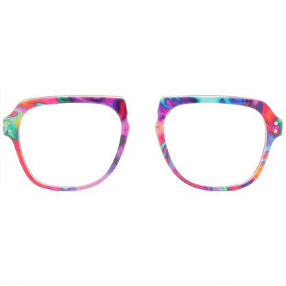 Colorful eyeglasses with a tie-dye pattern on a white background