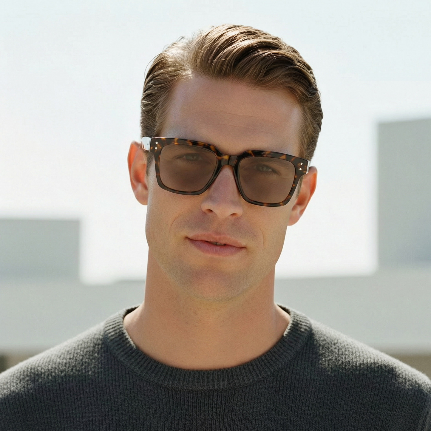 Man wearing tortoiseshell sunglasses with a blurred background