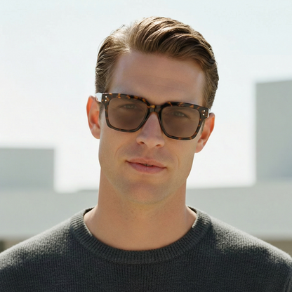 Man wearing tortoiseshell sunglasses with a blurred background