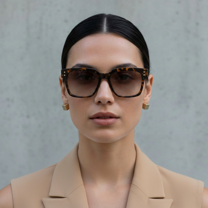 Woman wearing tortoiseshell sunglasses against a gray background