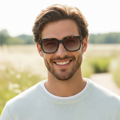 Man wearing sunglasses with a blurred natural background