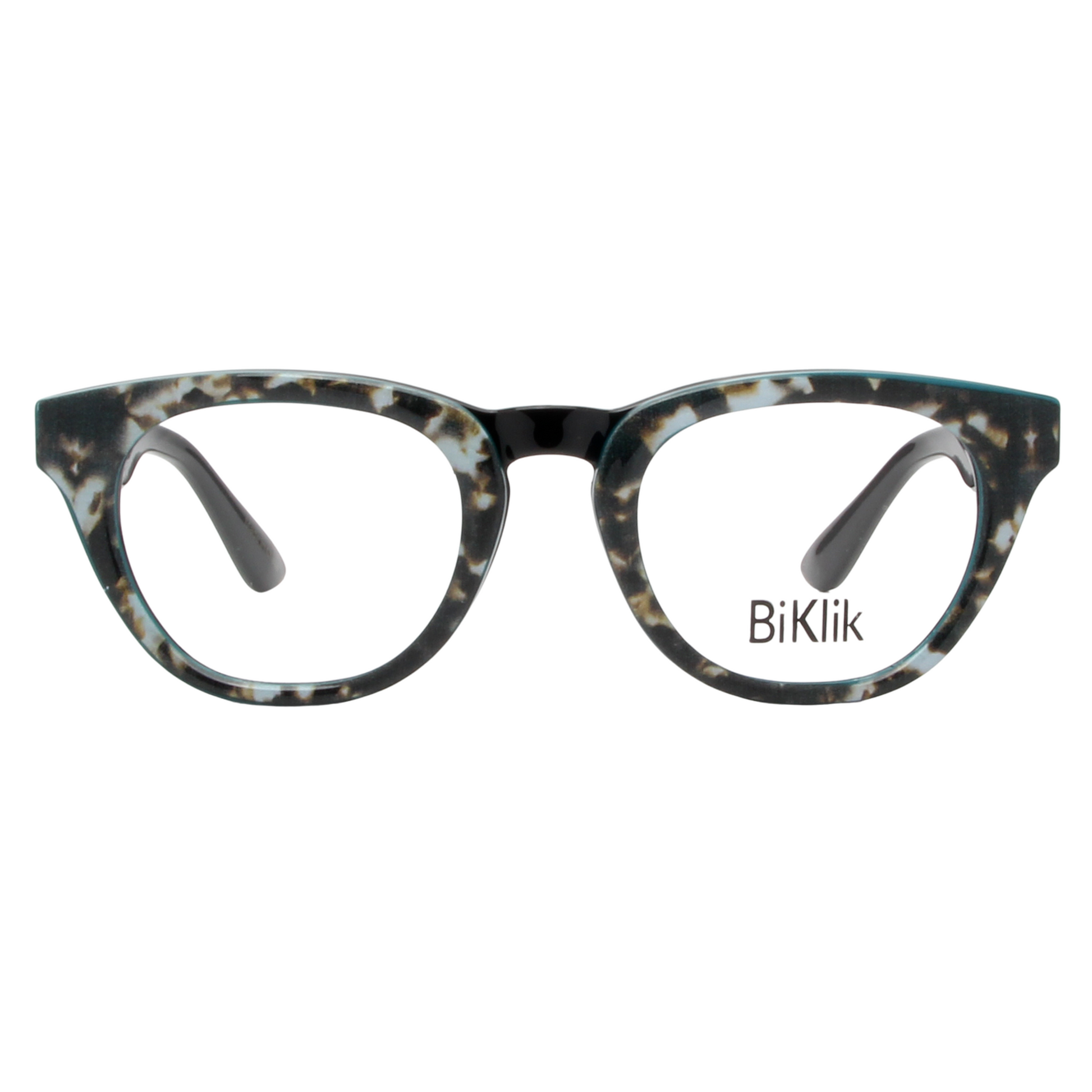 Tortoiseshell cat-eye glasses with 'BiKlik' branding on a white background
