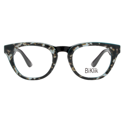 Tortoiseshell cat-eye glasses with 'BiKlik' branding on a white background