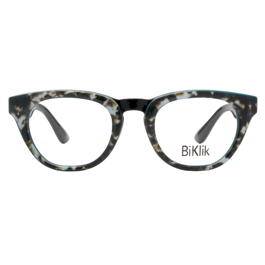Tortoiseshell cat-eye glasses with 'BiKlik' branding on a white background