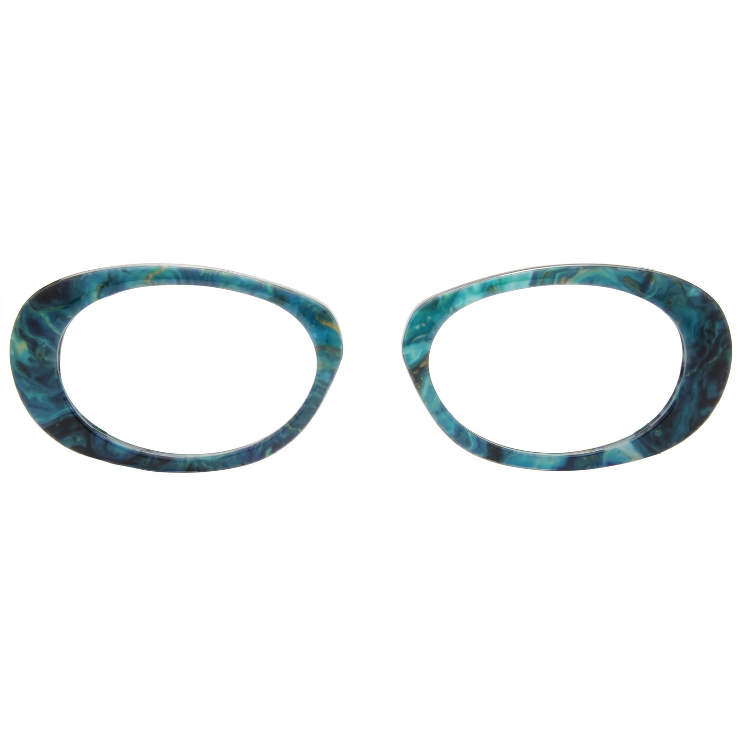 Pair of blue and green marbled eyeglass frames on a white background