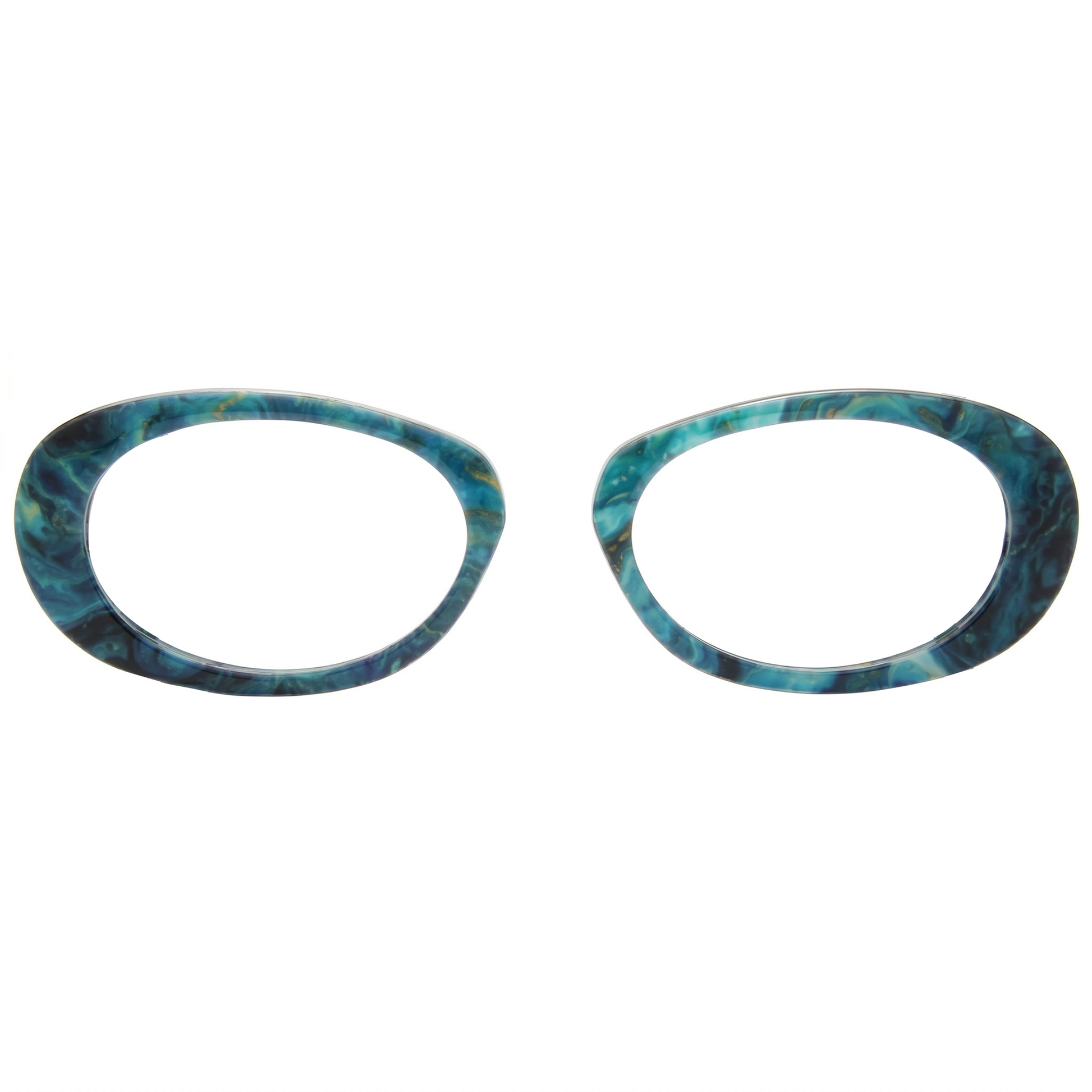 Pair of blue and green marbled eyeglass frames on a white background