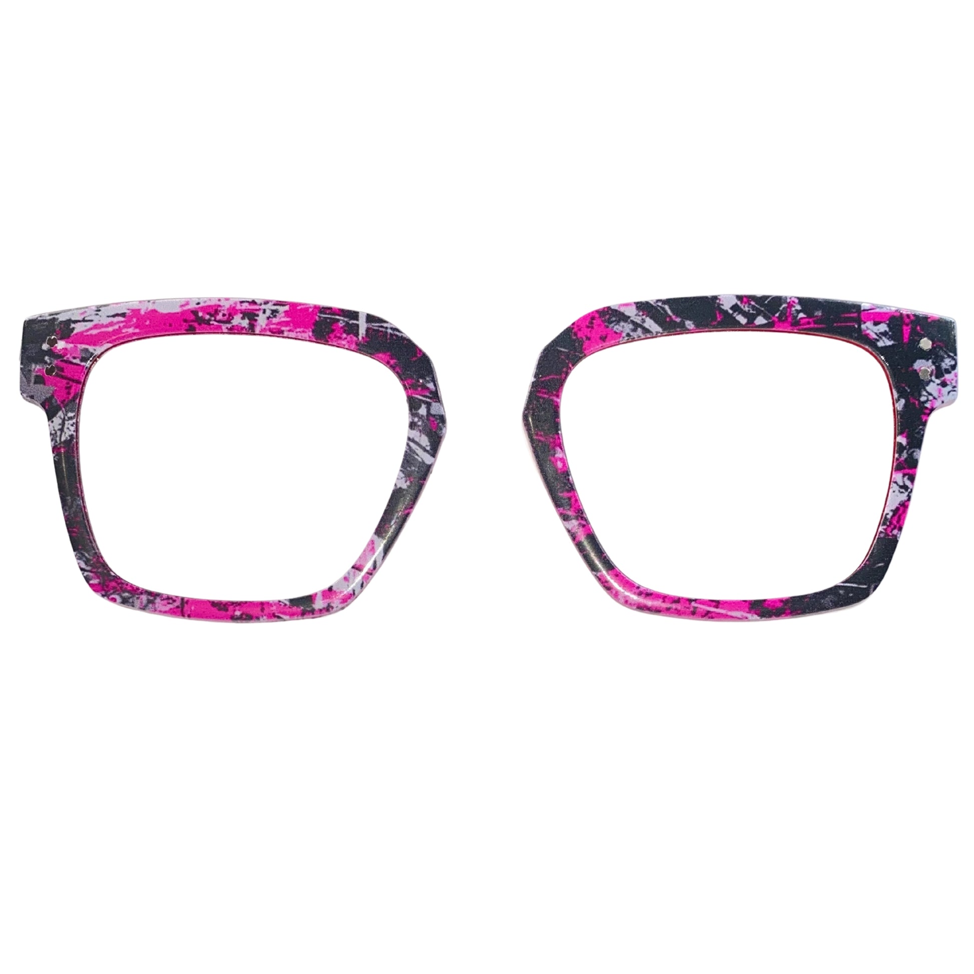 Pair of glasses with pink and black floral pattern on a white background