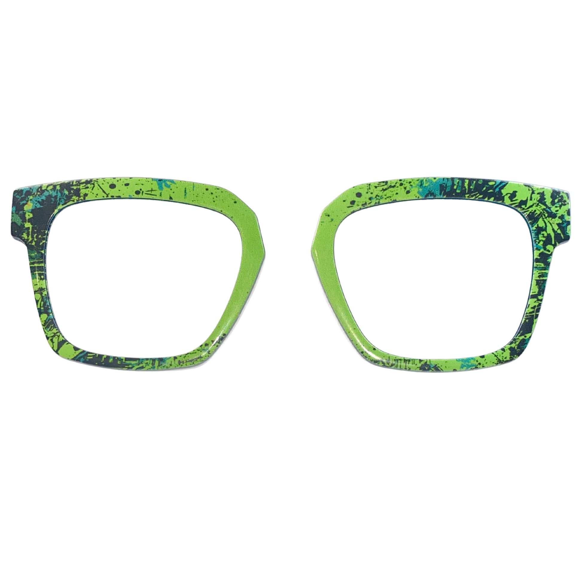 Green and blue patterned eyeglass frames on a white background