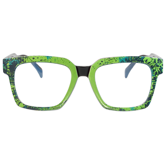 Green and blue patterned eyeglasses on a white background