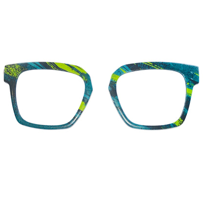Colorful eyeglasses with a blue and green pattern on a white background