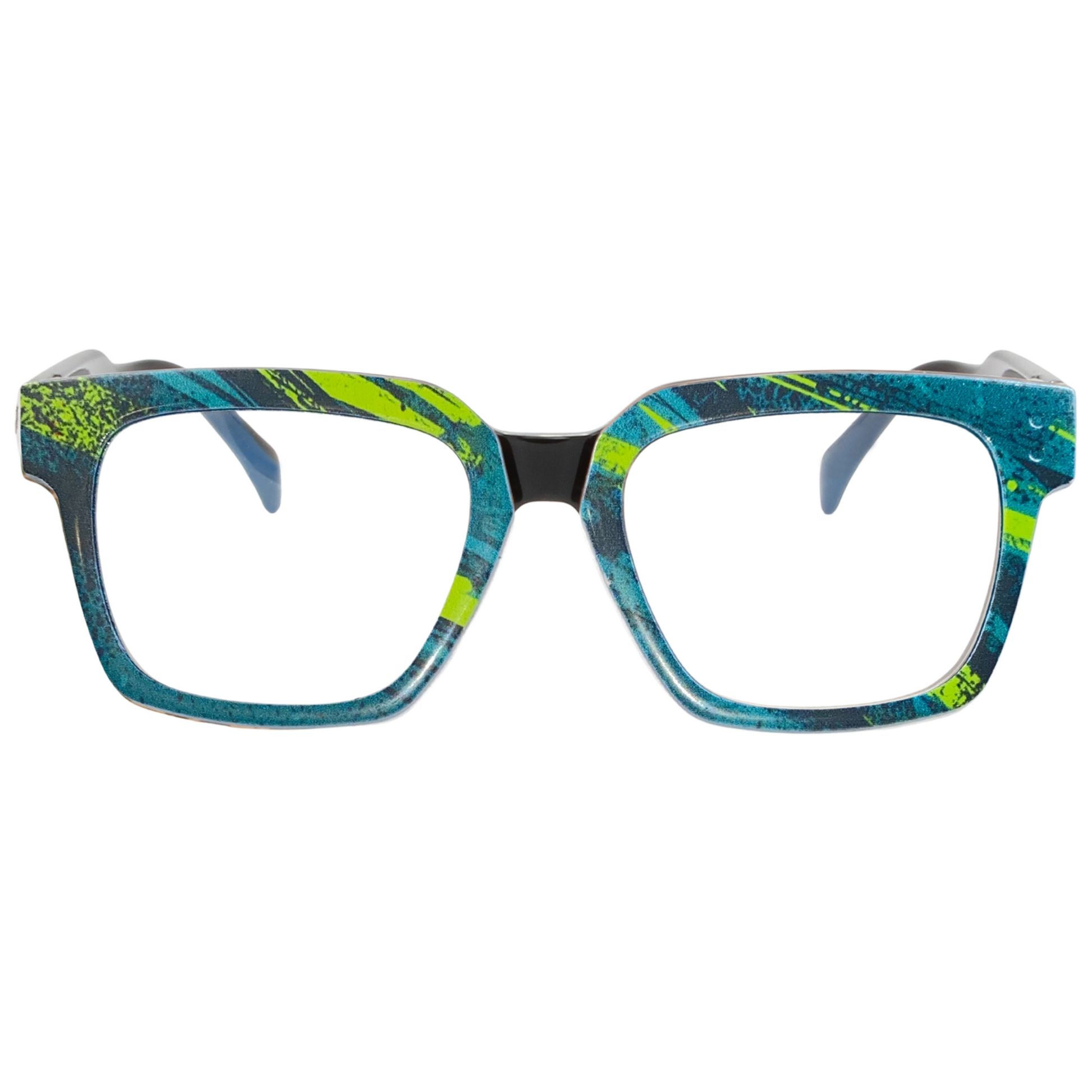 Blue and green patterned eyeglasses on a white background