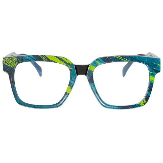 Blue and green patterned eyeglasses on a white background