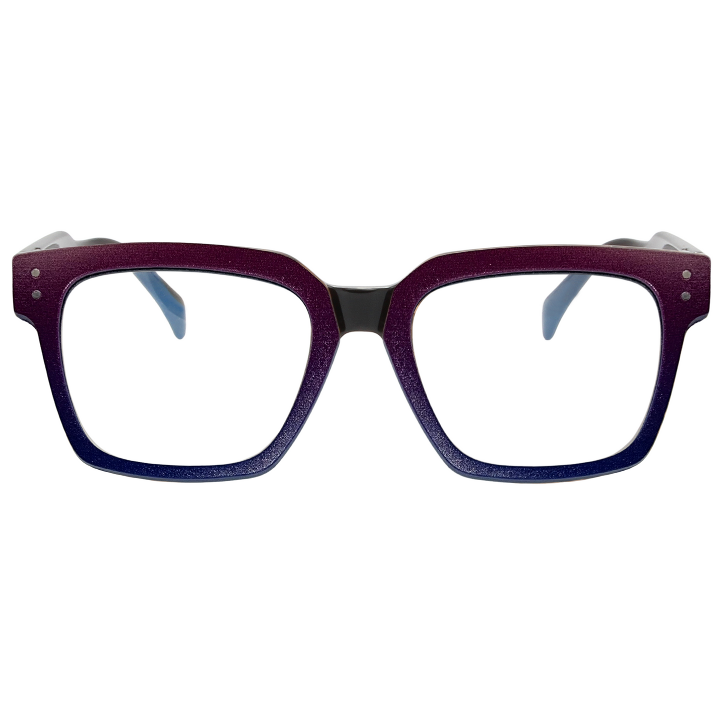 Purple and black eyeglasses on a white background