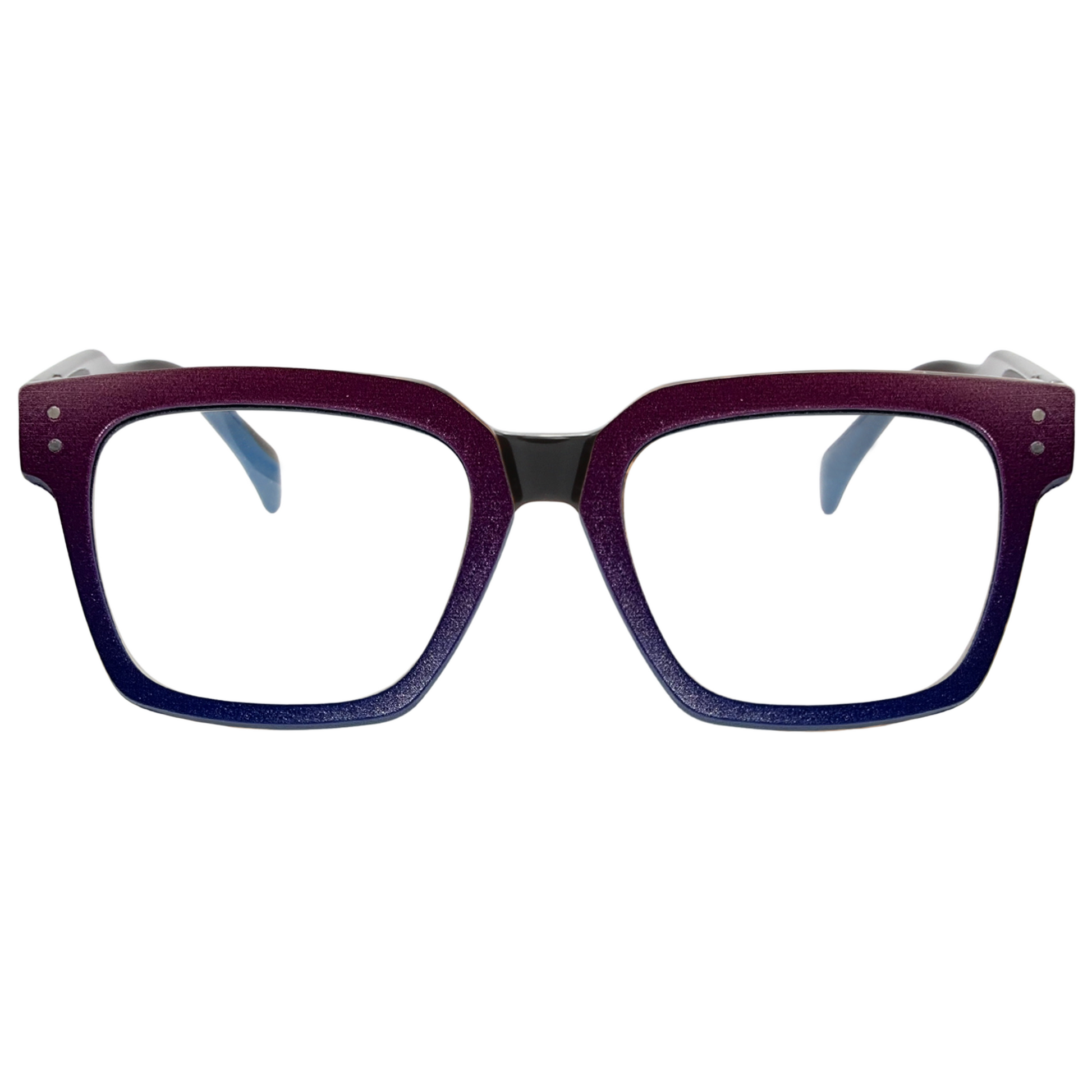 Purple and black eyeglasses on a white background