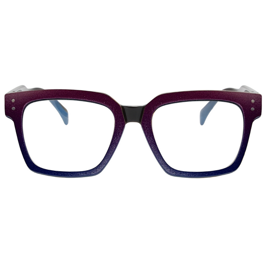 Purple and black eyeglasses on a white background