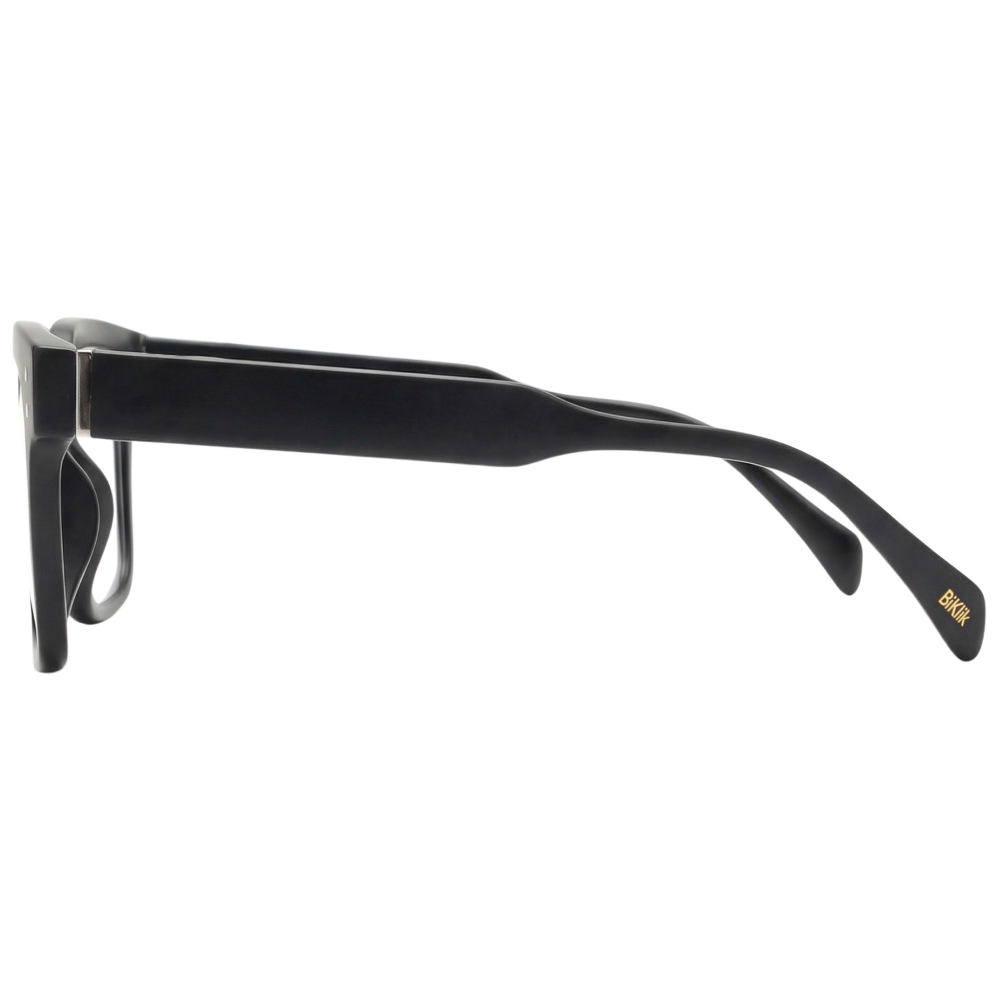 Black sunglasses with a brand logo on a white background