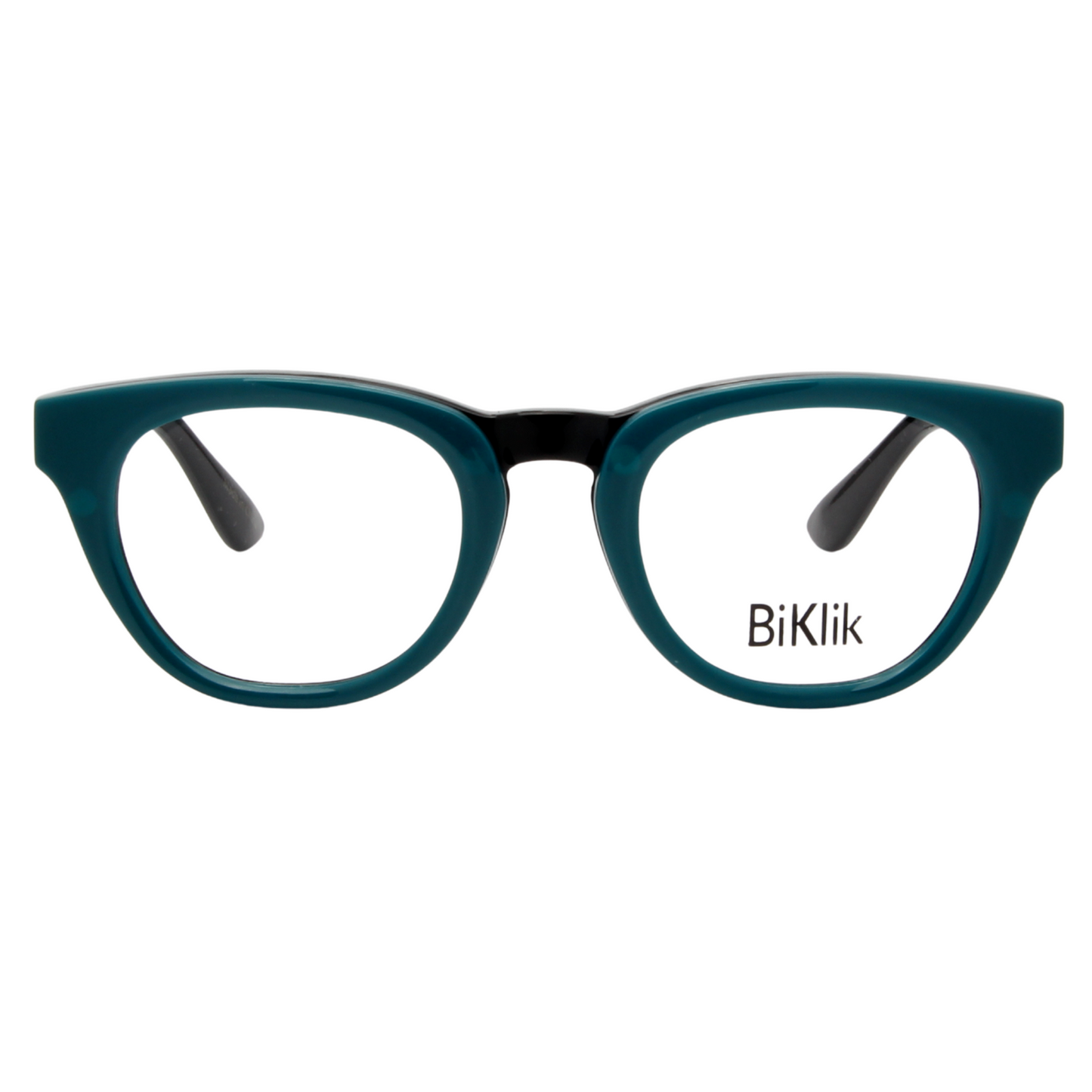 Teal eyeglasses with black accents on a white background