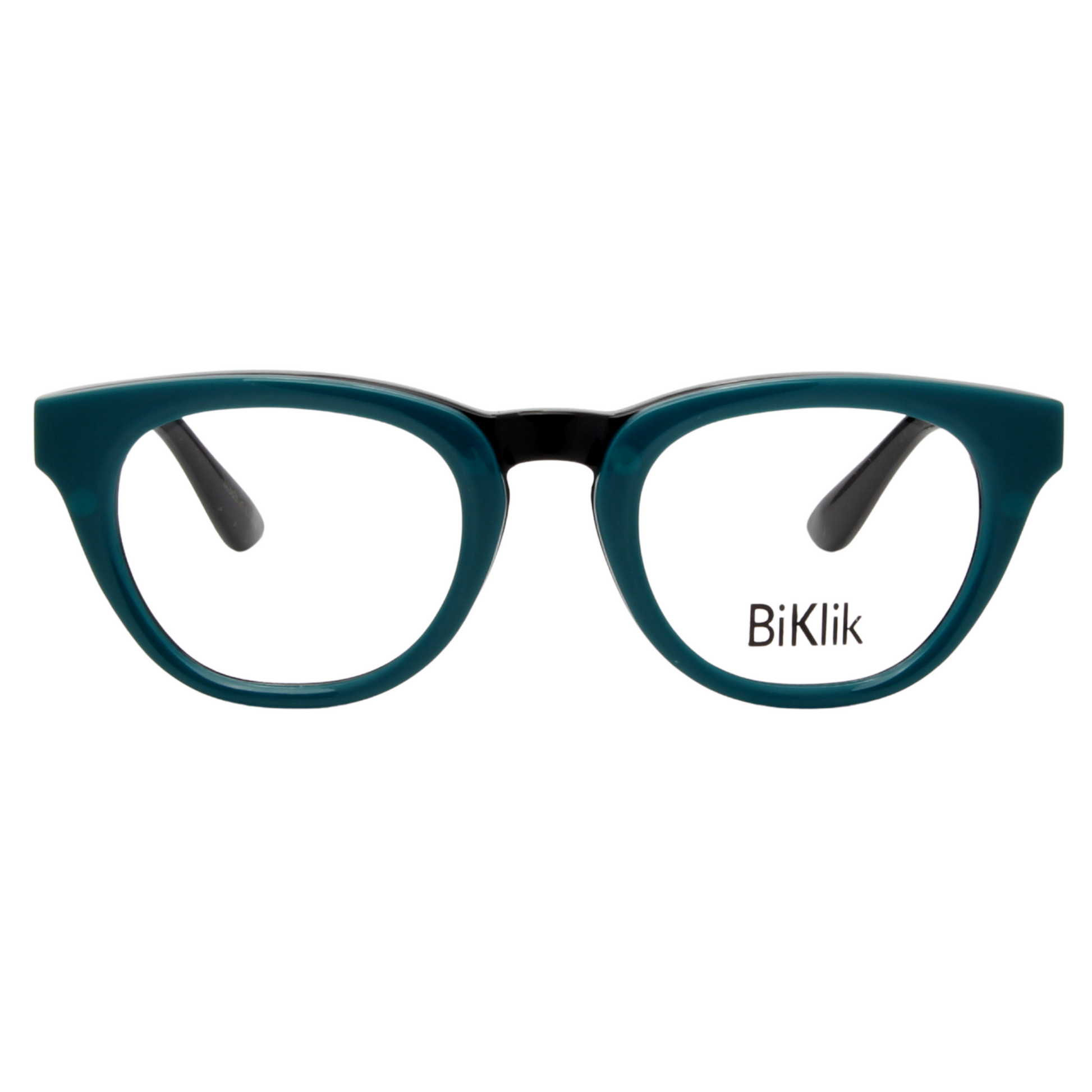 Teal eyeglasses with black accents on a white background