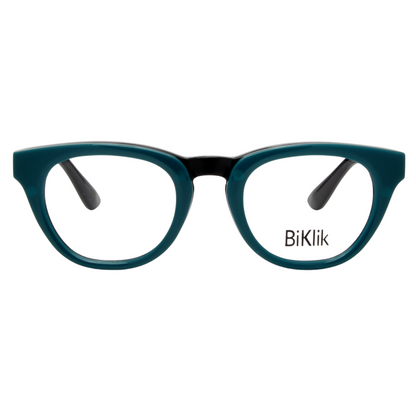 Teal eyeglasses with black accents on a white background