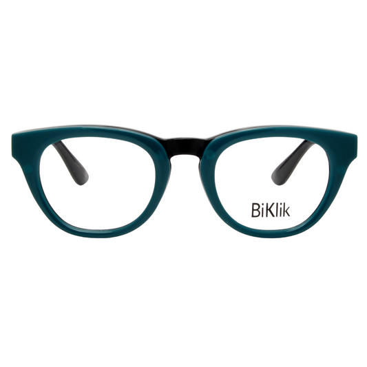 Teal eyeglasses with black accents on a white background