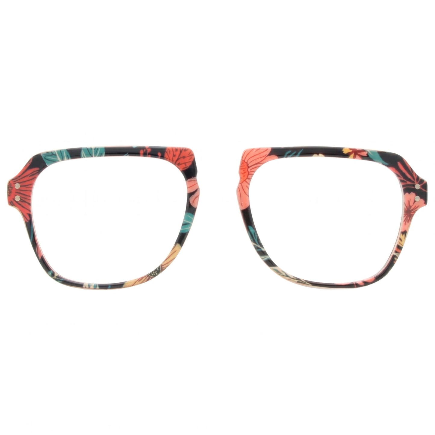 Multicolored eyeglass frames on a white background