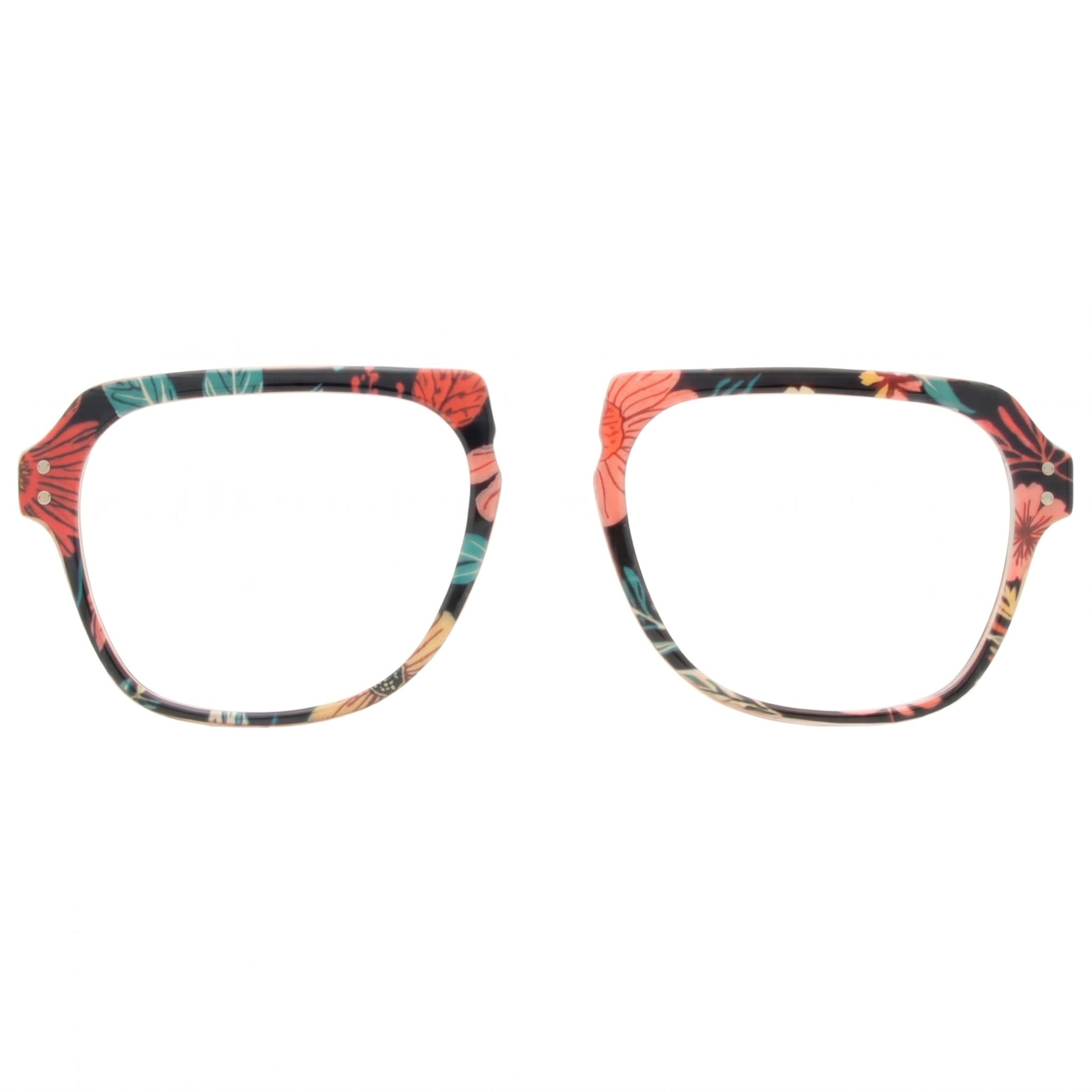 Multicolored eyeglass frames on a white background