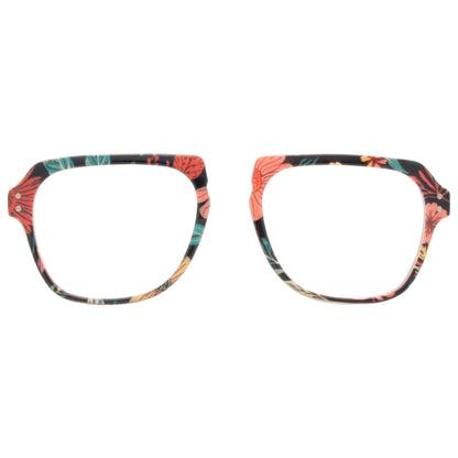 Multicolored eyeglass frames on a white background