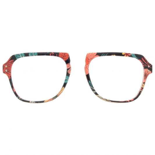 Multicolored eyeglass frames on a white background