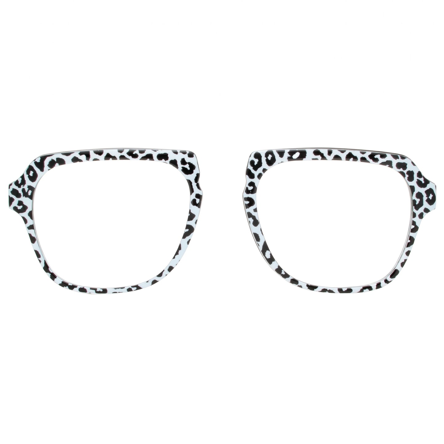 Pair of eyeglasses with leopard print frames on a white background