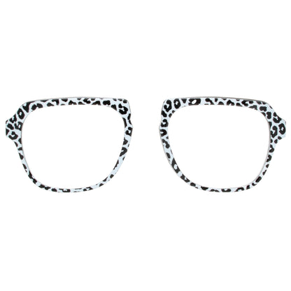 Pair of eyeglasses with leopard print frames on a white background