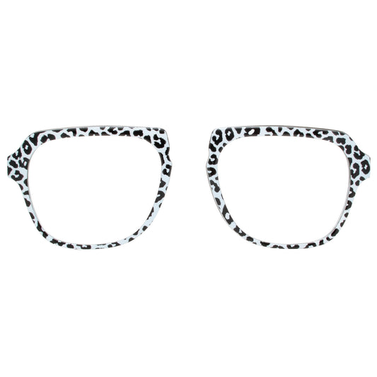 Pair of eyeglasses with leopard print frames on a white background